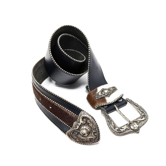 Unbranded Accessories - Leather Fur Rhinestone Western Belt Womens Medium Boho Black Brown White